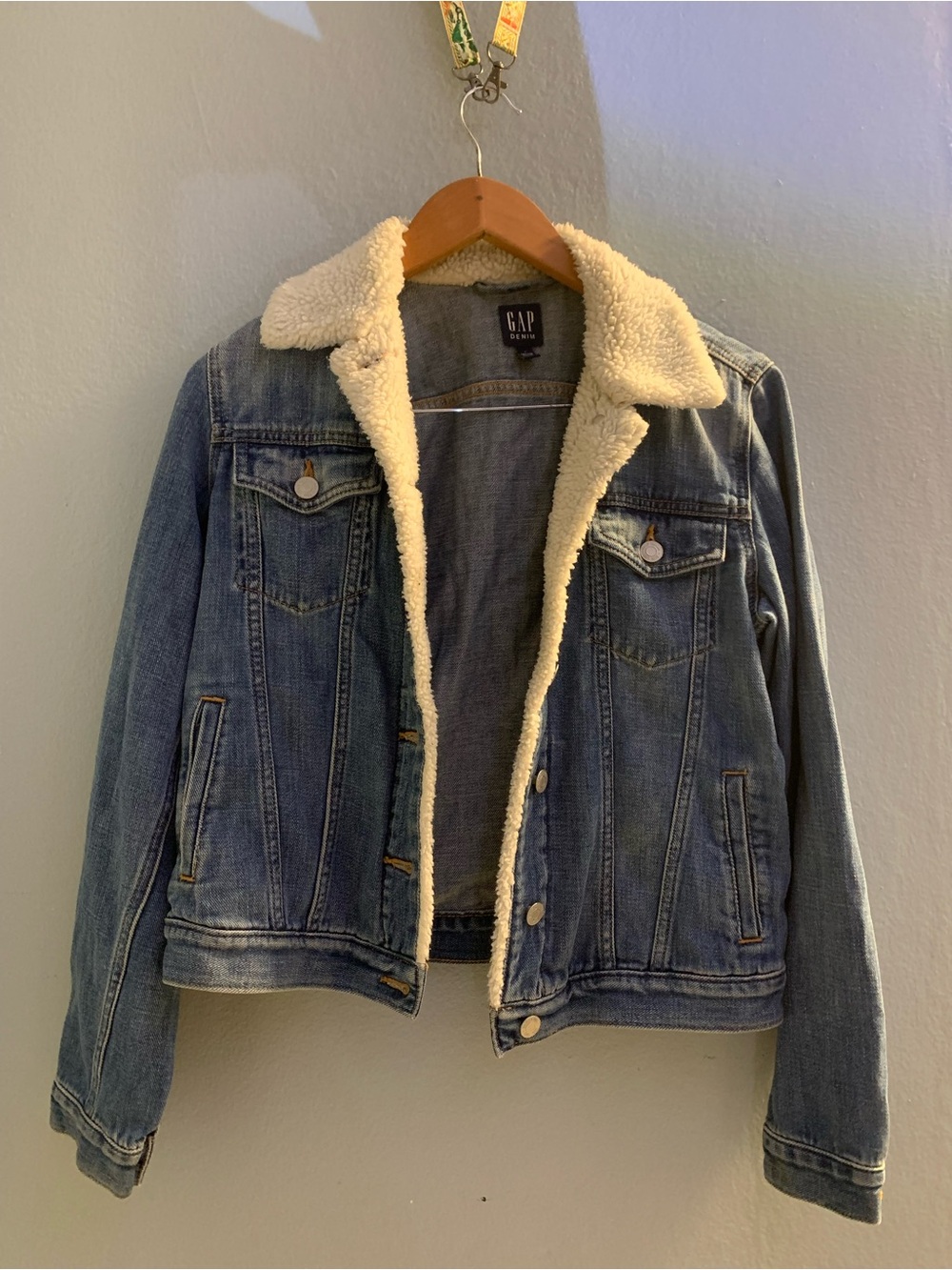 GAP Blue Denim Jacket with Cream Sherpa Collar